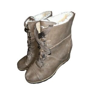 Wedge Heel Booties Lace Up with Sherpa Lining Winter @ Ankle Brown Size 8